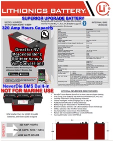 Click here for current pricing on this powerful, light weight, high performance lithium-ion battery for RV's, Solar and Trucks with 320 Amp hours capacity