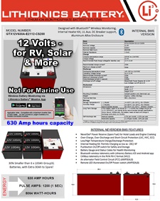 Click here for current pricing on this powerful, light weight, high performance lithium-ion battery for RV's, Solar and Trucks with 630 Amp hours capacity